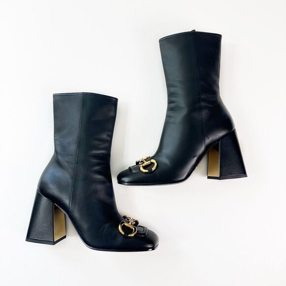 GUCCI Baby Bit Black Leather Boot Size 37.5 High Heel Bootie Square Toe Horsebit - Picture 5 of 13